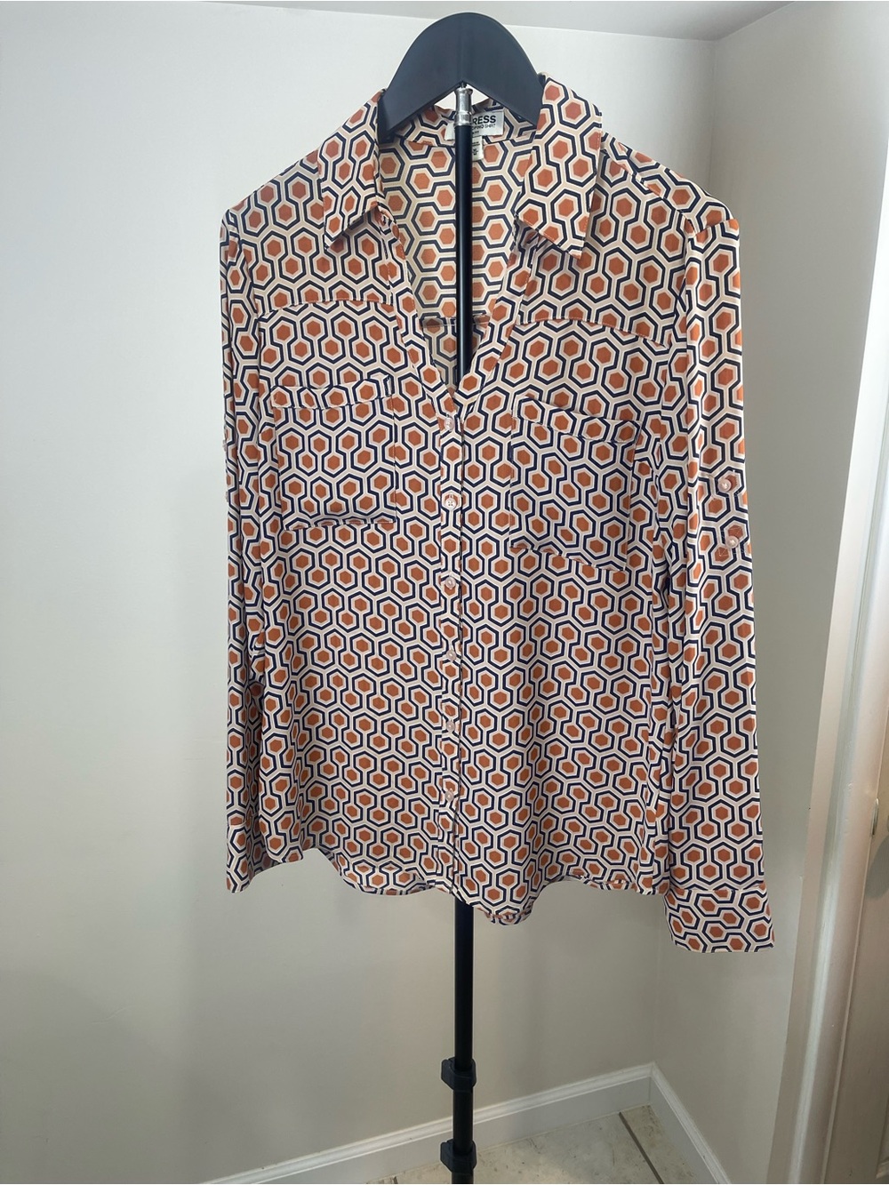 Express Portofino Hexagon Print Shirt in Rust, Navy & Cream